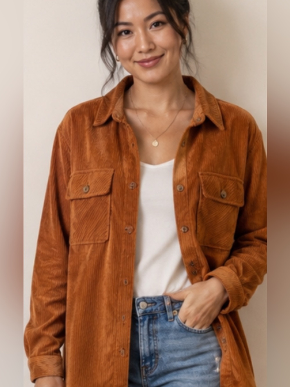 Democracy Women’s Corduroy Button Front Shacket Shirt Jacket Copper Rust Size L